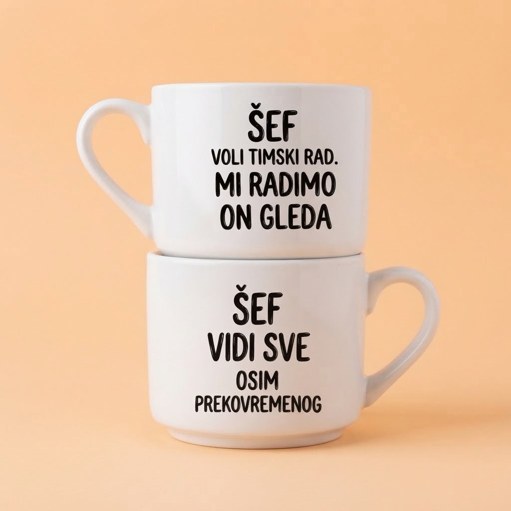 Dve bele šolje sa natpisima Šef voli timski rad mi radimo on gleda i Šef vidi sve osim prekovremenog